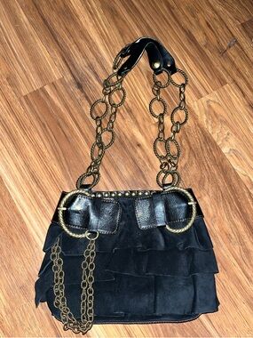 Ellen Tracy Black Ruffled Shoulder Bag with Gold-Tone Chain Handles